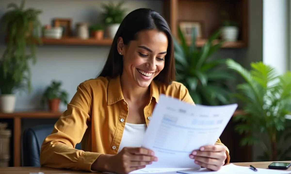 Empresária sorrindo em seu escritório, analisando documentos do Simples Nacional.