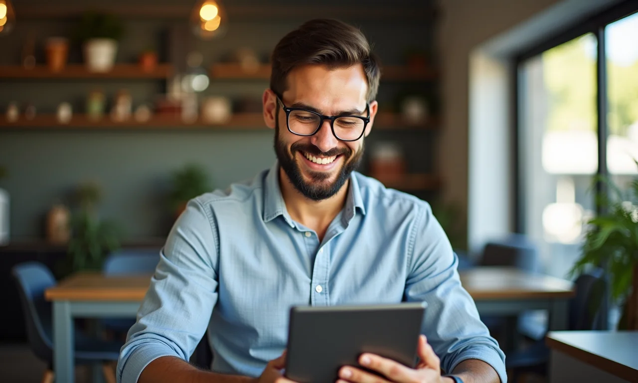 Empresária sorrindo usando o HubSpot CRM em um tablet, em um ambiente de design brasileiro.