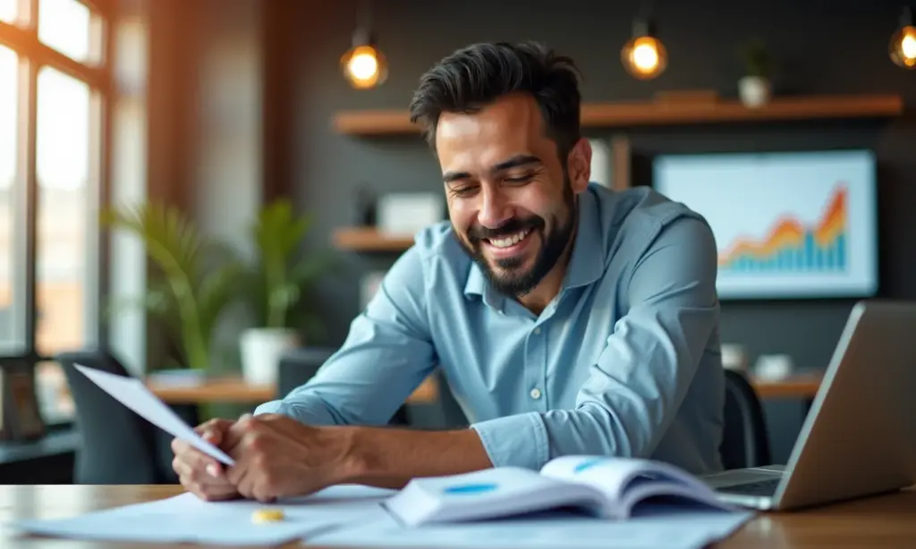 Empresário brasileiro analisa gráficos de crescimento em escritório moderno, representando um ponto de inflexão.