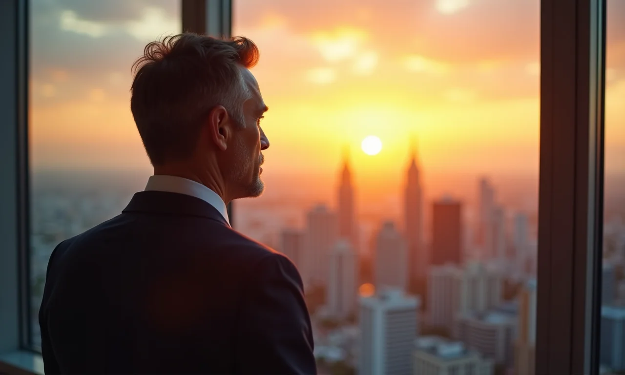 Empresário brasileiro contemplando a cidade ao pôr do sol, visualizando metas de longo prazo.