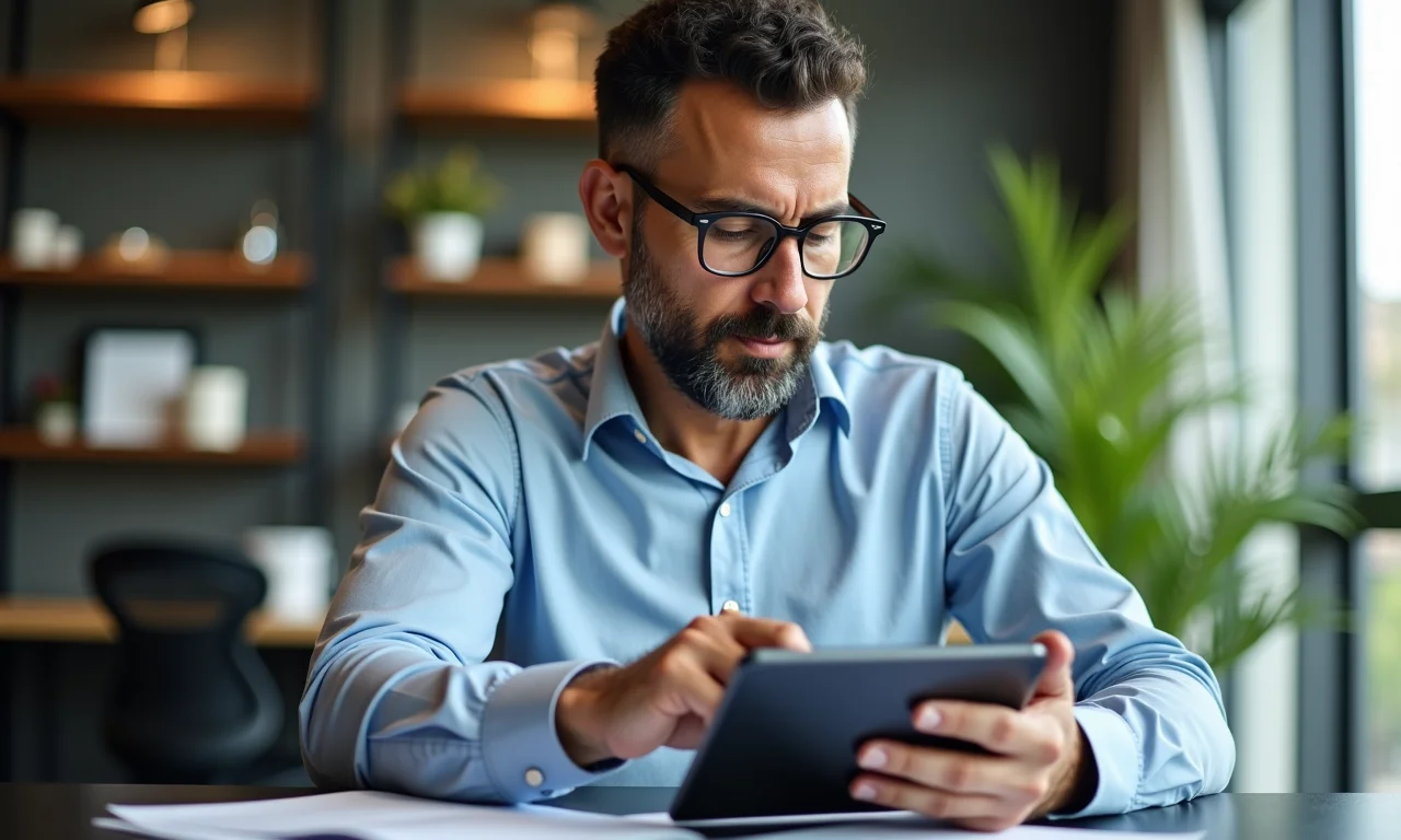 Empresário brasileiro de meia-idade analisa margens de lucro em tablet.