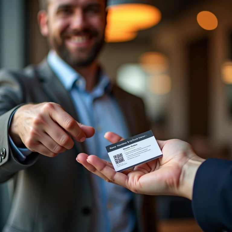 Empresário entregando cartão com QR code para avaliação