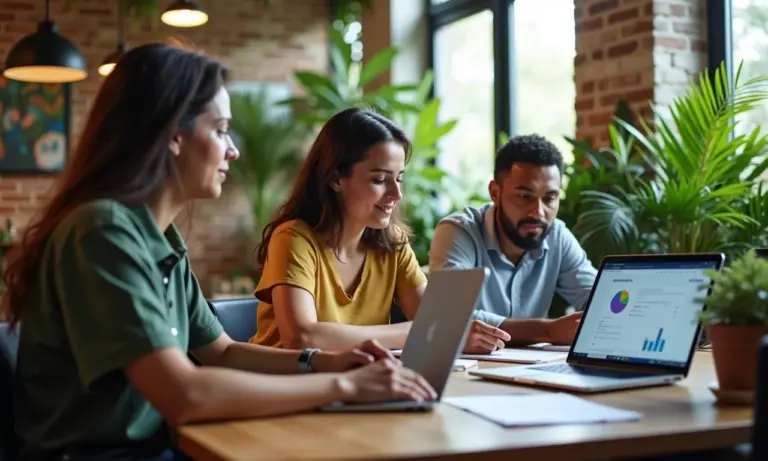 Empresários brasileiros diversos analisando dados de CRM em laptops em um espaço de coworking vibrante.