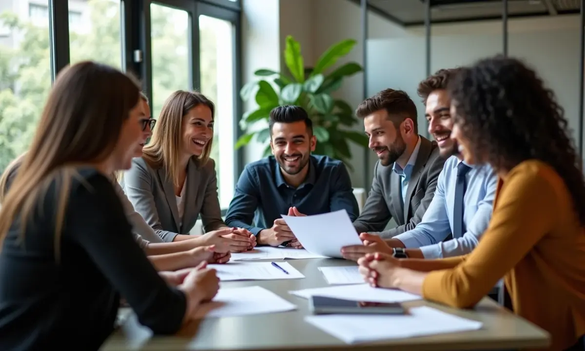 Enquadramento Tributário: Como Saber o Ideal para sua Empresa Empresários brasileiros diversos discutem estratégias tributárias em co-working moderno.