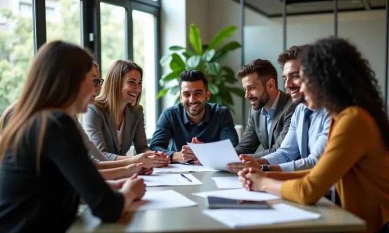 Empresários brasileiros diversos discutem estratégias tributárias em co-working moderno.