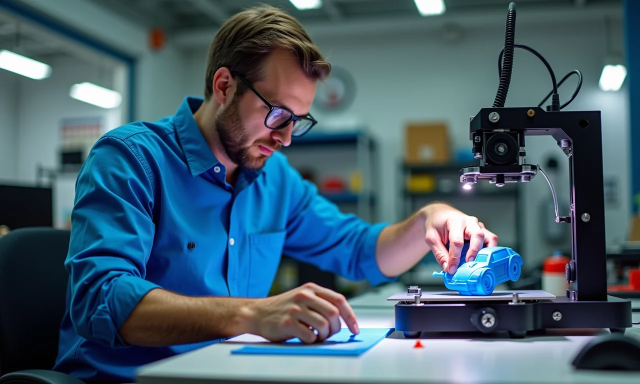 Engenheiro prototipando peça automotiva com impressão 3D.