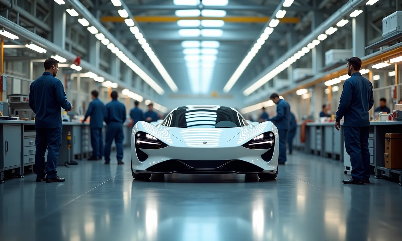 Engenheiros e técnicos trabalhando na montagem de carros voadores.