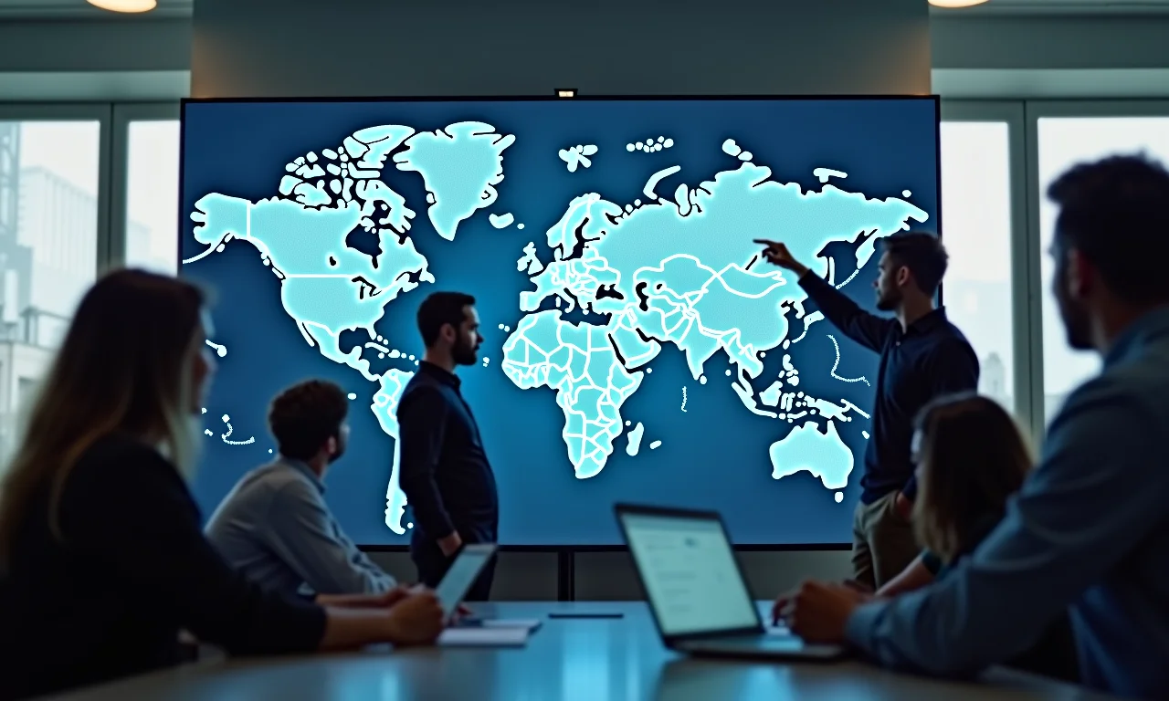 Equipe analisando mapa digital de pontos de contato do cliente.
