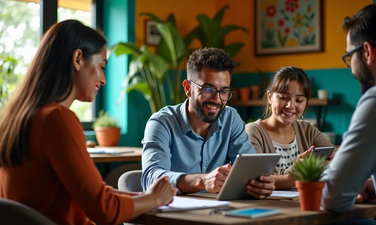 Equipe analisando tendências de mercado em espaço de co-working.