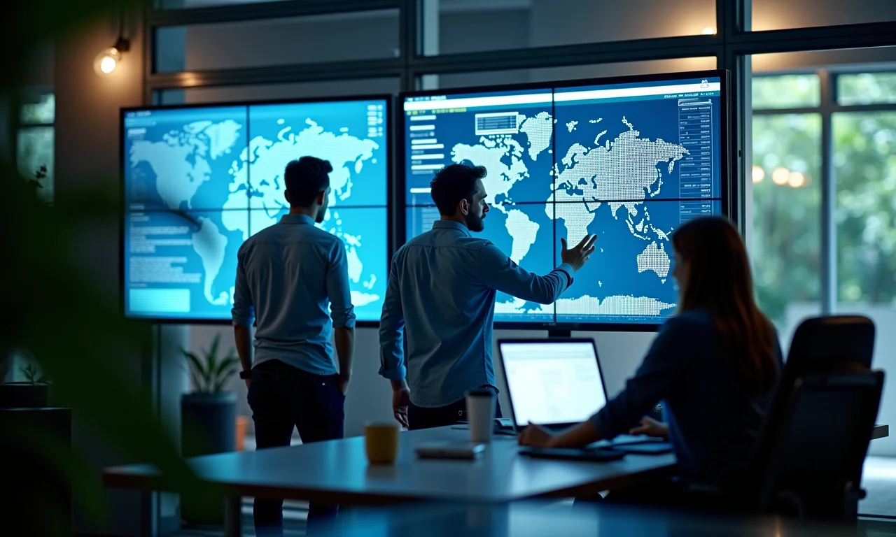 Equipe brasileira analisando insights de XAI em telas transparentes.