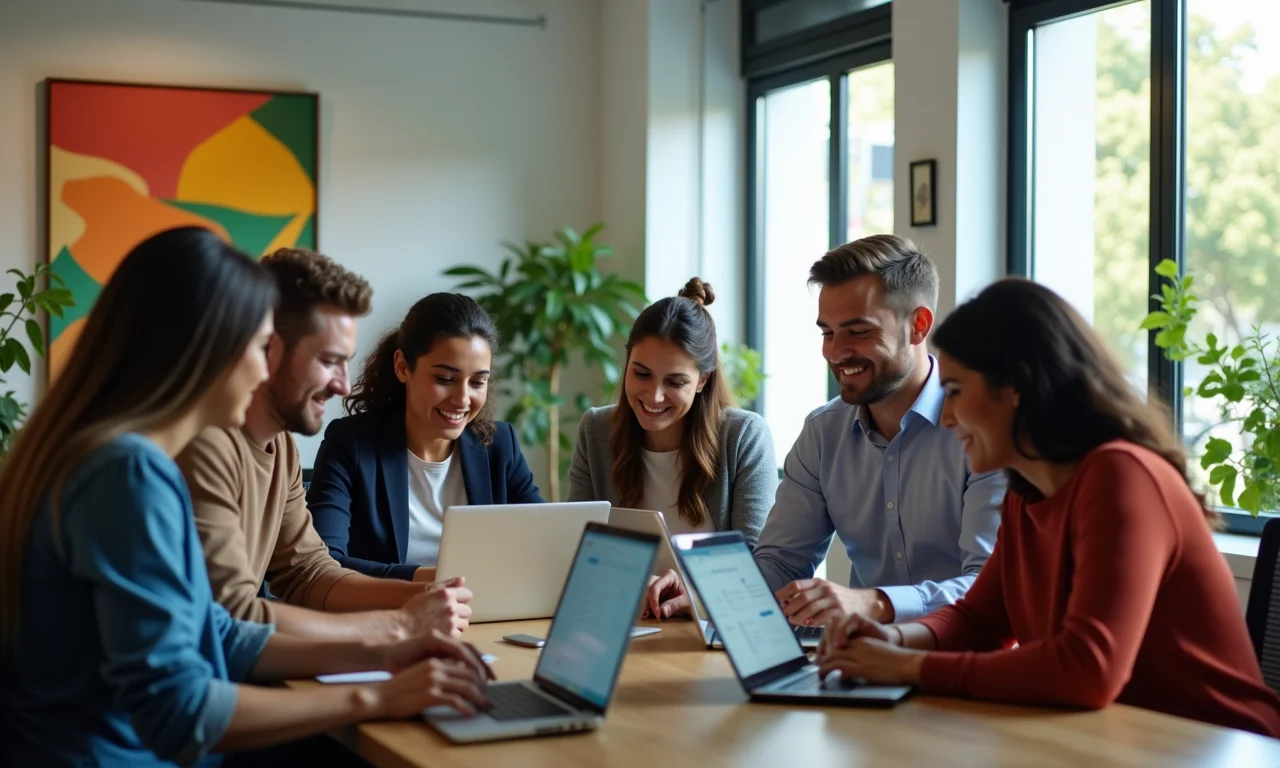 Equipe brasileira diversificada colaborando em projeto usando Google Workspace em escritório moderno e iluminado.
