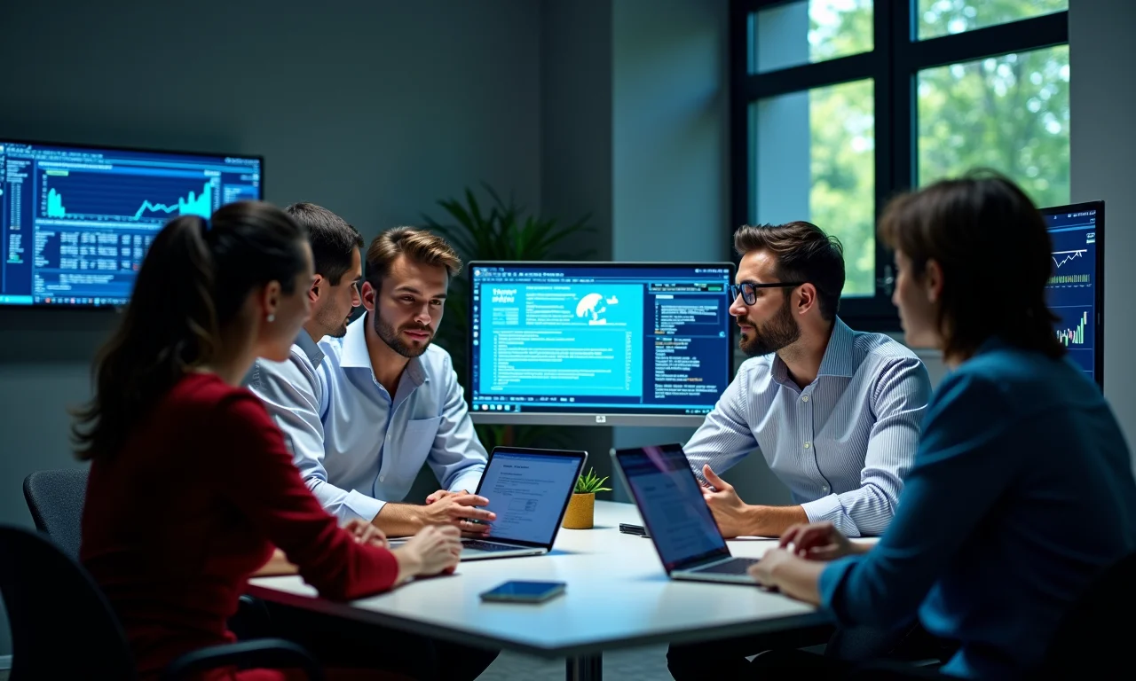 Equipe colaborando em ambiente seguro com computação multi-party.