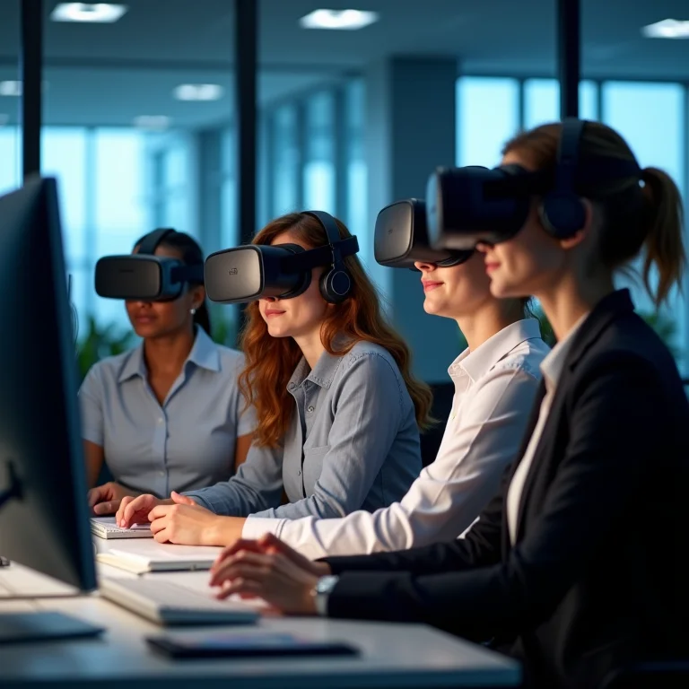 Equipe de atendimento ao cliente treinando com realidade virtual.