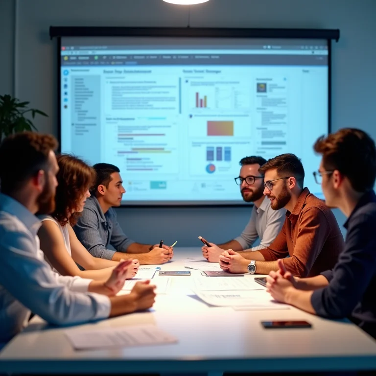 Equipe de desenvolvimento validando ideias em torno de uma mesa.