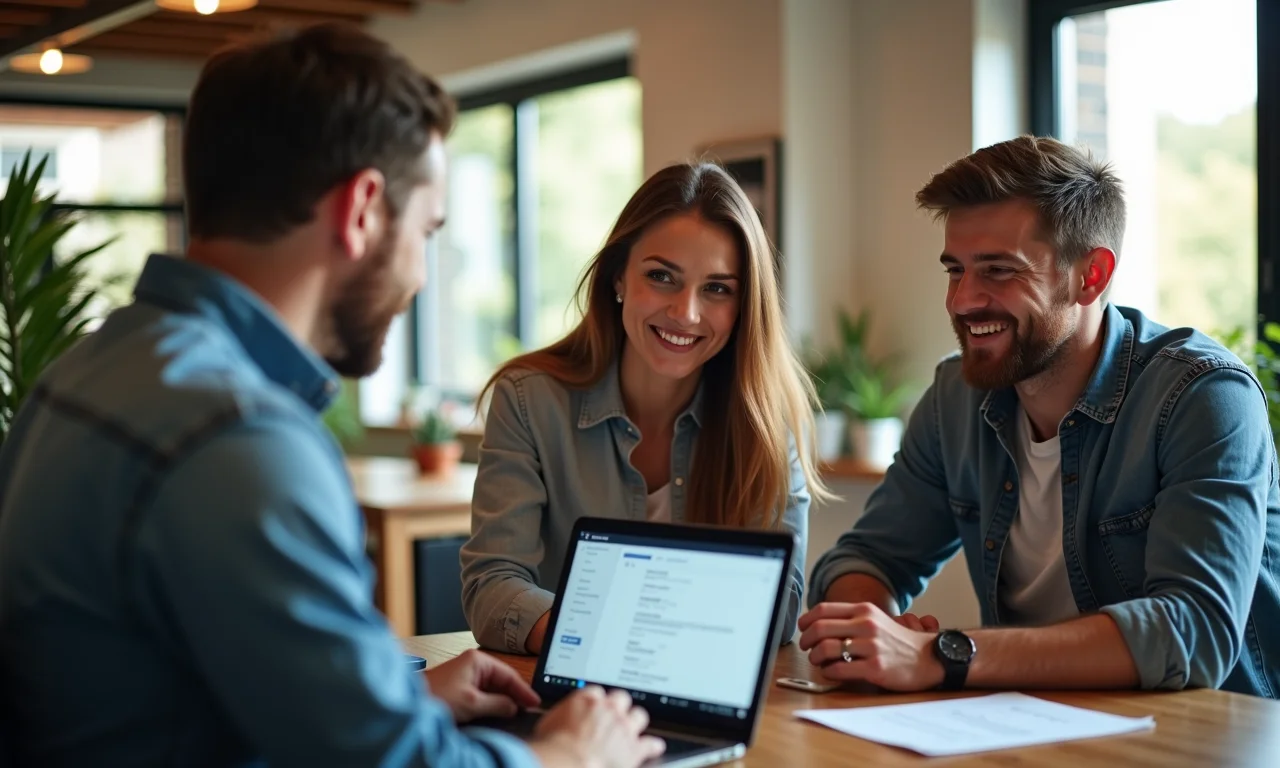 Equipe de marketing criando conteúdo atraente em escritório estilo Farm Rio.