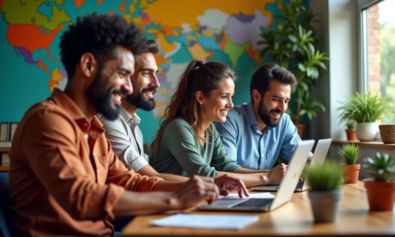 Equipe de vendas brasileira usando o RD Station CRM em um escritório colorido.