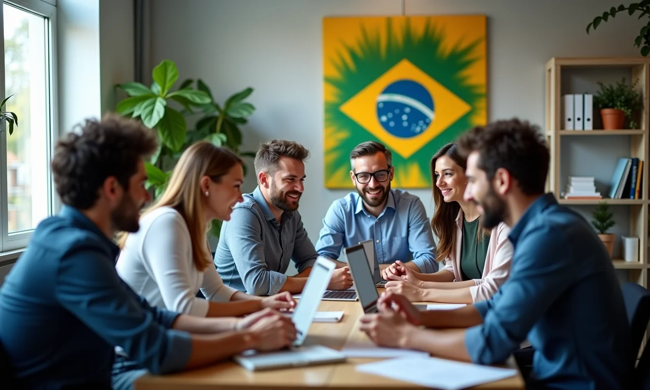 Equipe de vendas usando o Pipedrive em um escritório com arte brasileira.