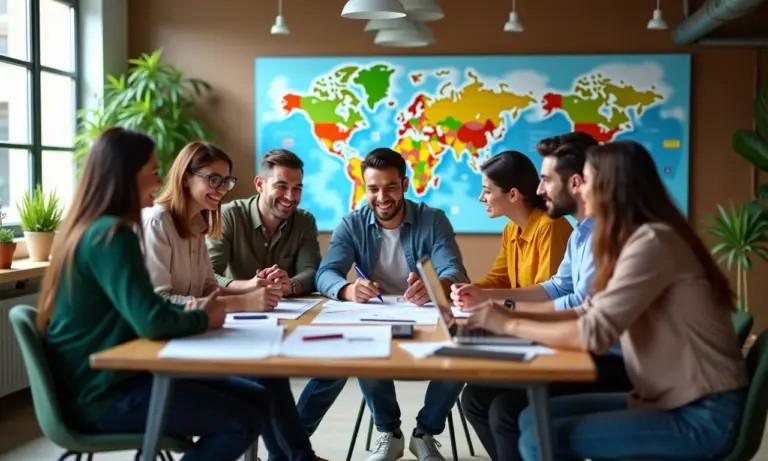 Como ser um líder inovador em tempos de mudança Equipe diversa brainstorming em escritório moderno e vibrante.