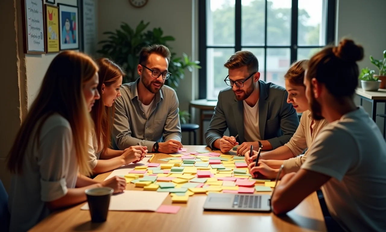 Equipe diversa brasileira colaborando em brainstorming, representando mentalidade de dono.