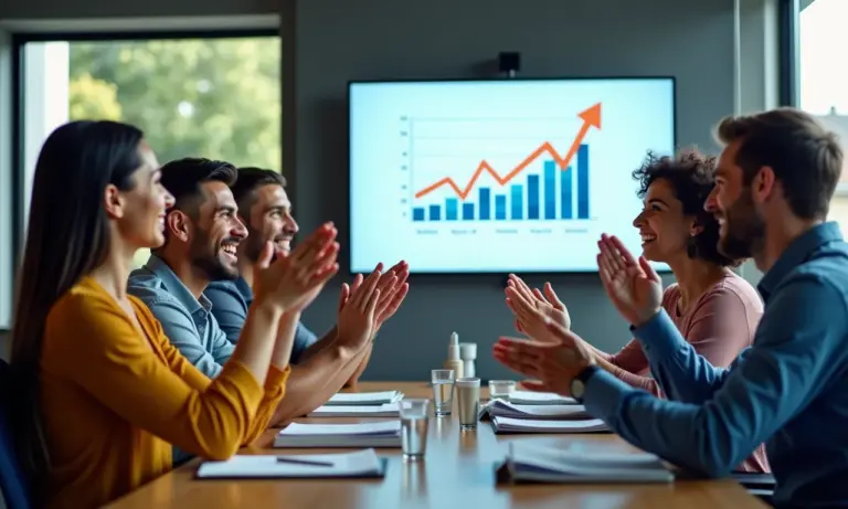 Equipe diversa celebrando o sucesso financeiro com gráficos de crescimento.