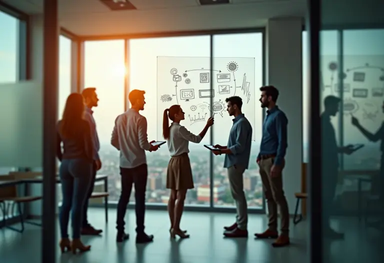 Equipe diversa colaborando em ambiente de trabalho inovador.