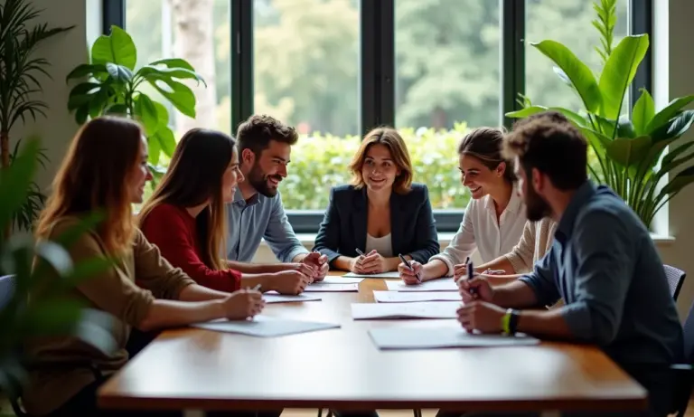 Equipe diversa colaborando em brainstorming, foco em inovação.