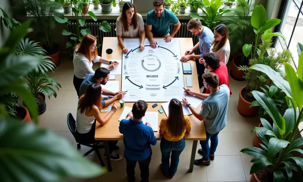 Equipe diversa colaborando em ciclo PDCA em escritório vibrante.