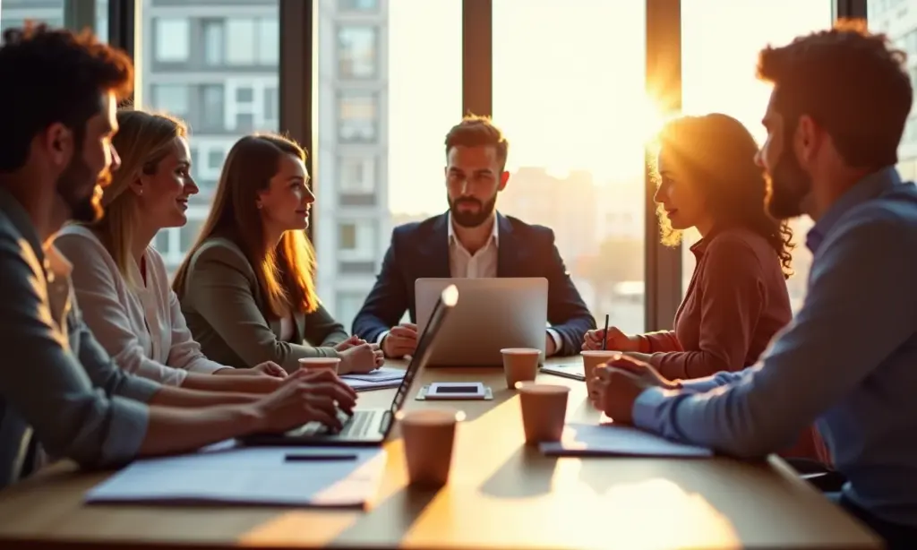 Equipe diversa colaborando em Customer Development em escritório moderno.