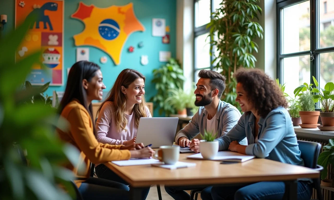 Equipe diversa colaborando em escritório moderno e colorido com plantas.