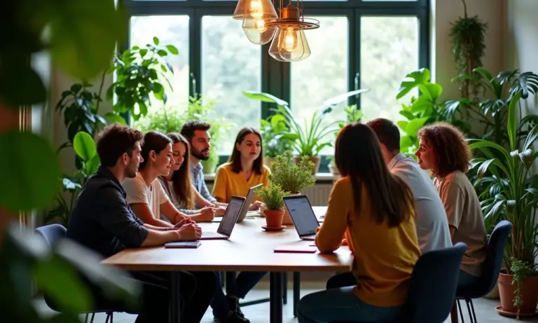 Como criar um manifesto de inovação para sua equipe Equipe diversa colaborando em ideias de inovação em escritório vibrante e cheio de plantas.