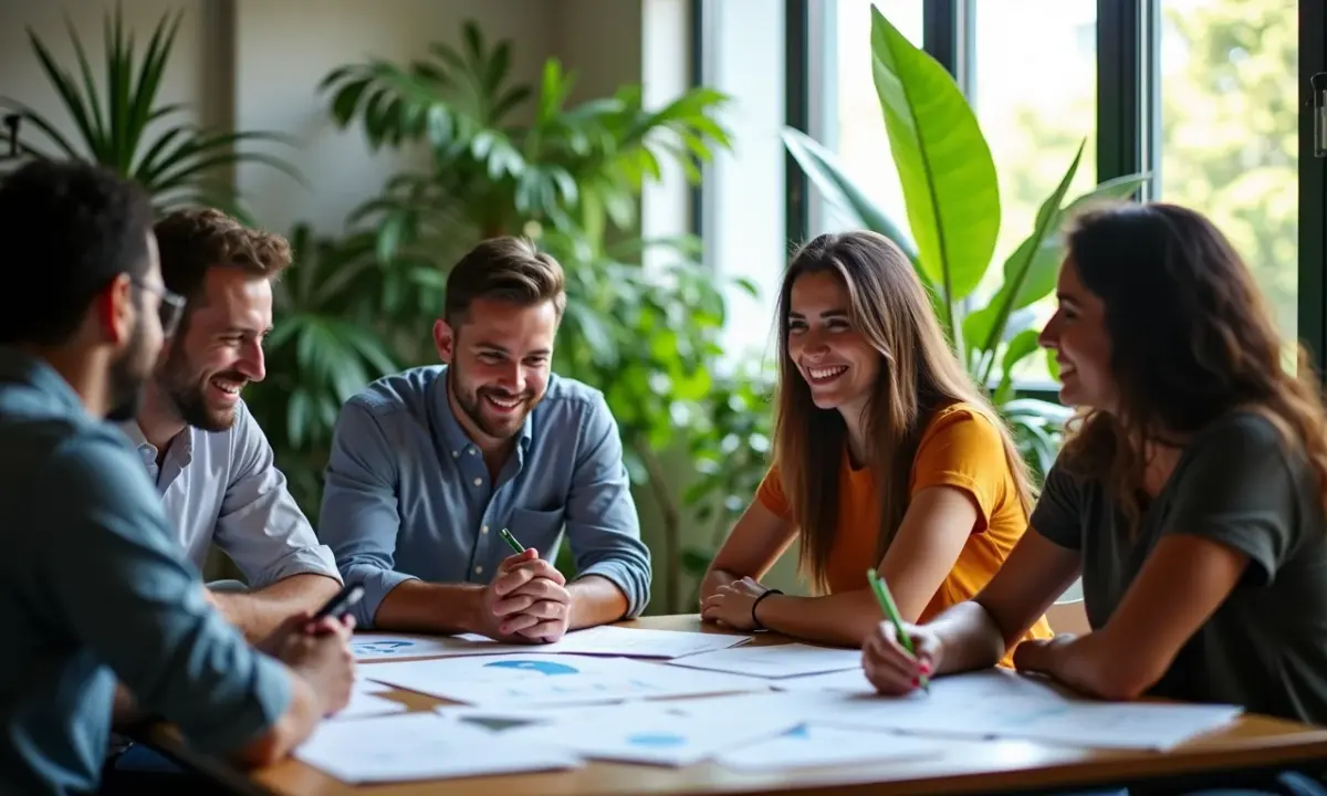 Equipe diversa colaborando em um escritório vibrante e cheio de plantas, discutindo métricas de inovação.