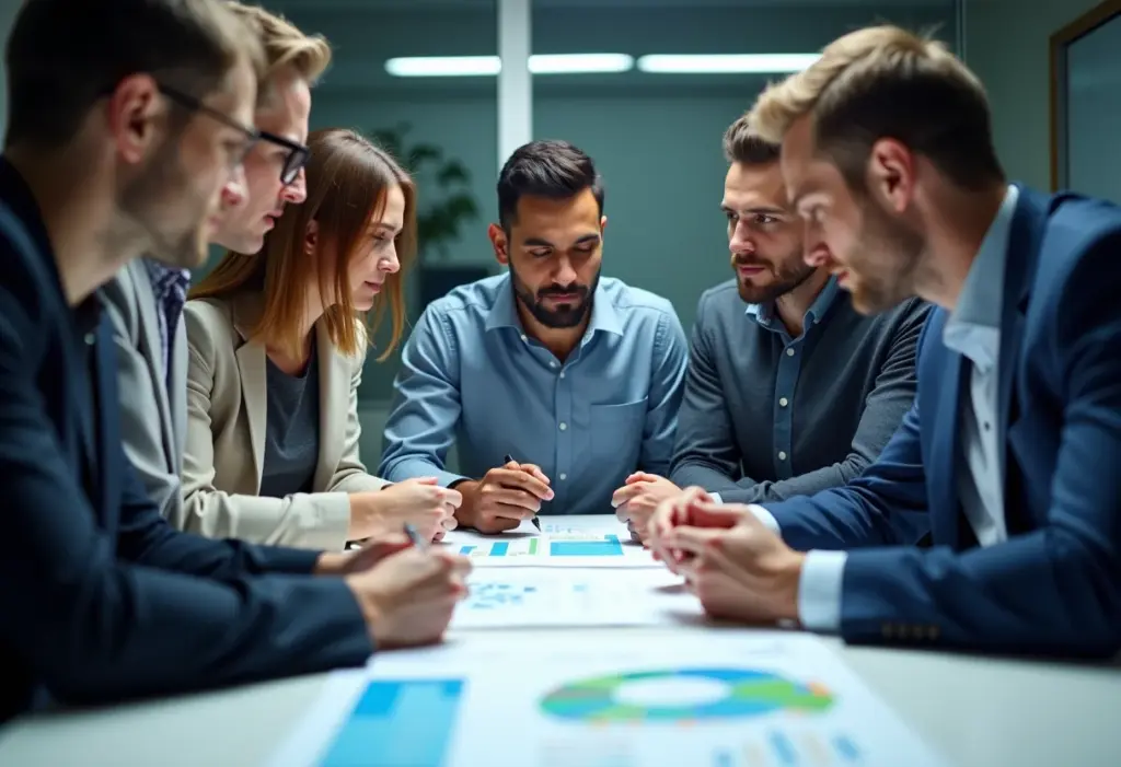 Equipe diversa colaborando em um plano de cargos e salários.