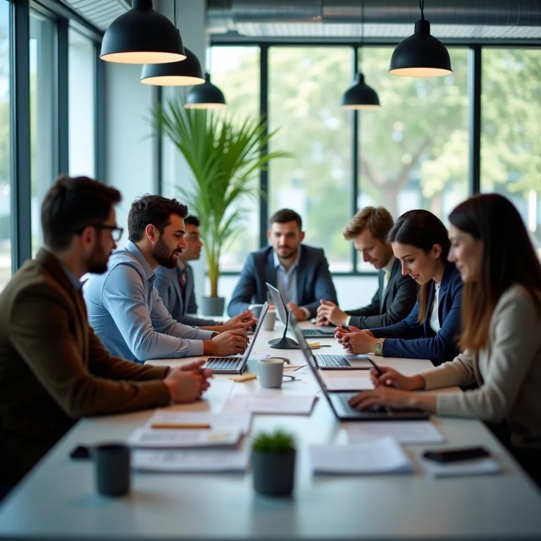 Equipe diversa colaborando em um projeto usando uma aplicação SaaS em múltiplos dispositivos.