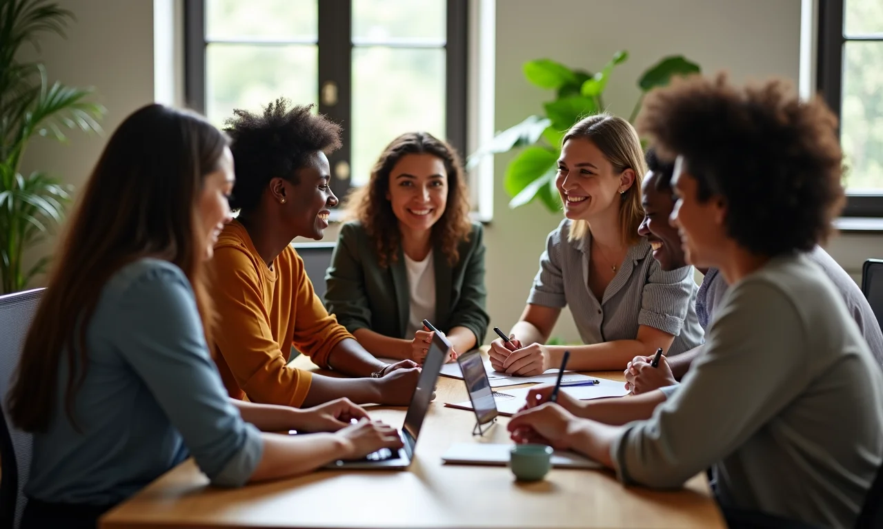 Equipe diversa construindo confiança em projeto colaborativo.