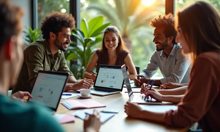 Equipe diversa criando conteúdo de marketing autêntico.