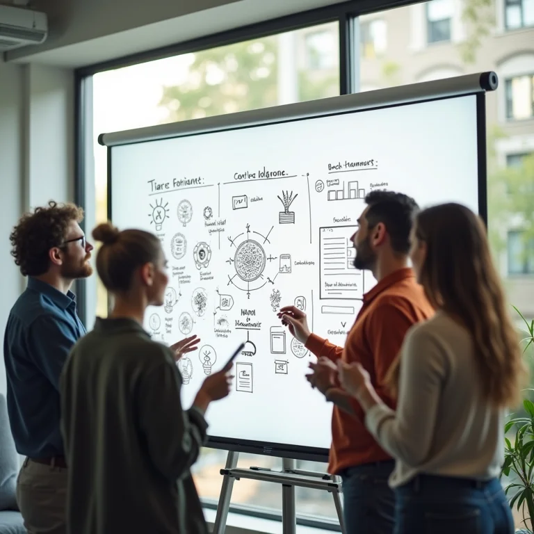 Equipe diversa em brainstorming, senso de propósito e autonomia.