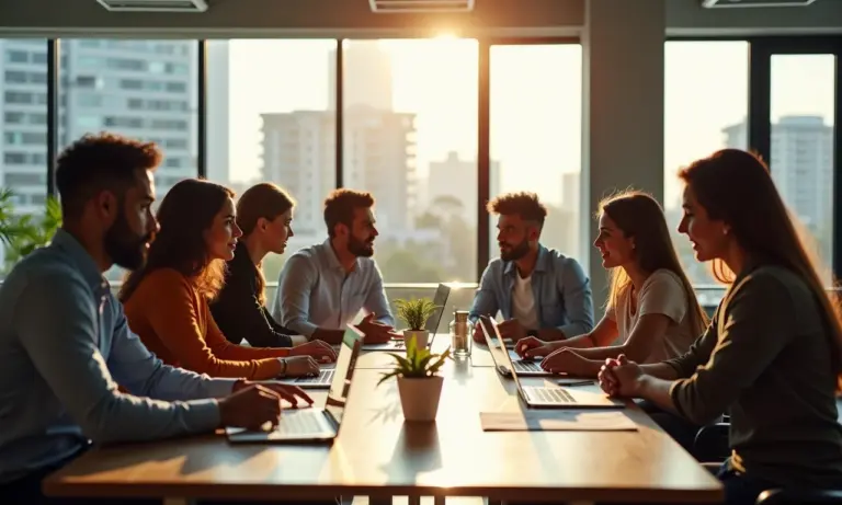 Inteligência Emocional O Fator Chave na Liderança Inovadora Equipe diversa em escritório brasileiro moderno, brainstorming sobre liderança com inteligência emocional.