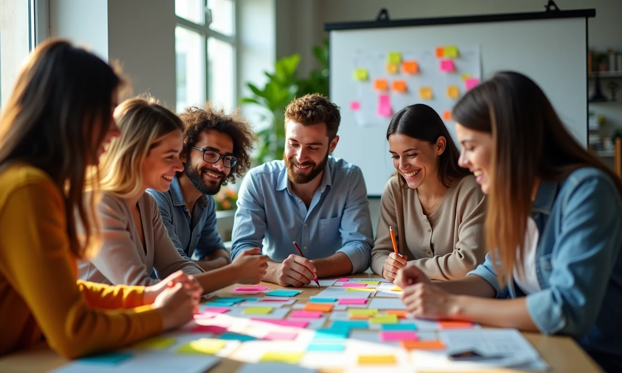 Equipe diversa fazendo brainstorming de soluções em um espaço de co-working no Brasil para o discovery de produto.