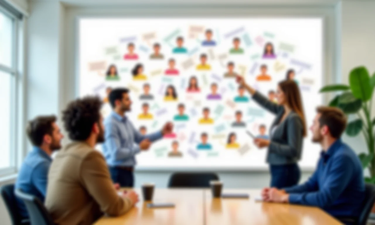 Equipe diversa fazendo brainstorming em torno de um quadro branco cheio de personas de usuários, colorido e envolvente.