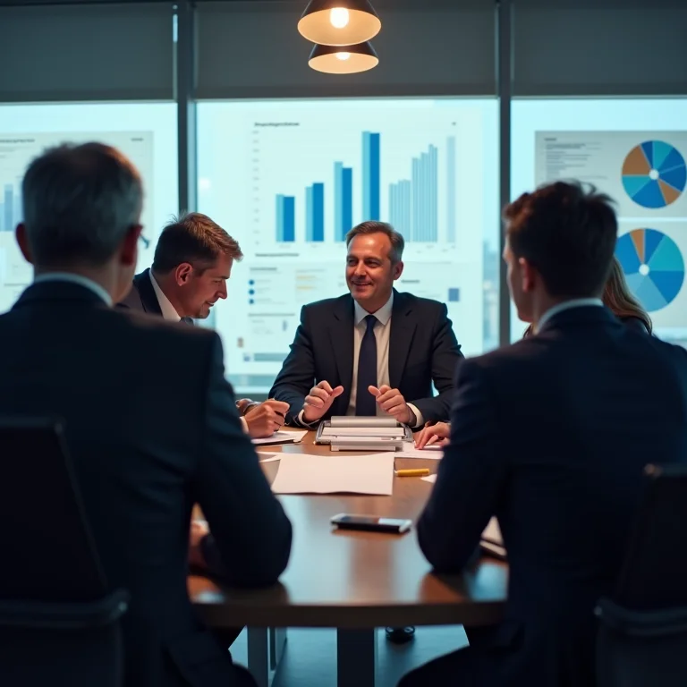 Equipe diversa negociando contratos com fornecedores em um escritório moderno.