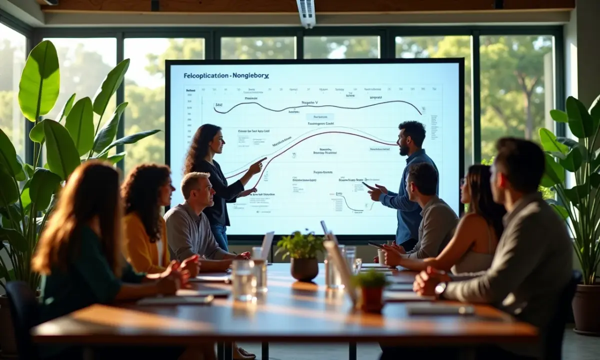 Roadmapping de inovação: planejando o futuro Equipe diversa planejando roadmap de inovação em escritório vibrante.