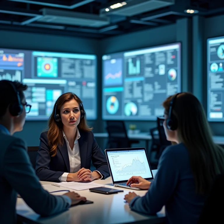Equipe diversa se adaptando a novas tecnologias e interfaces de software.