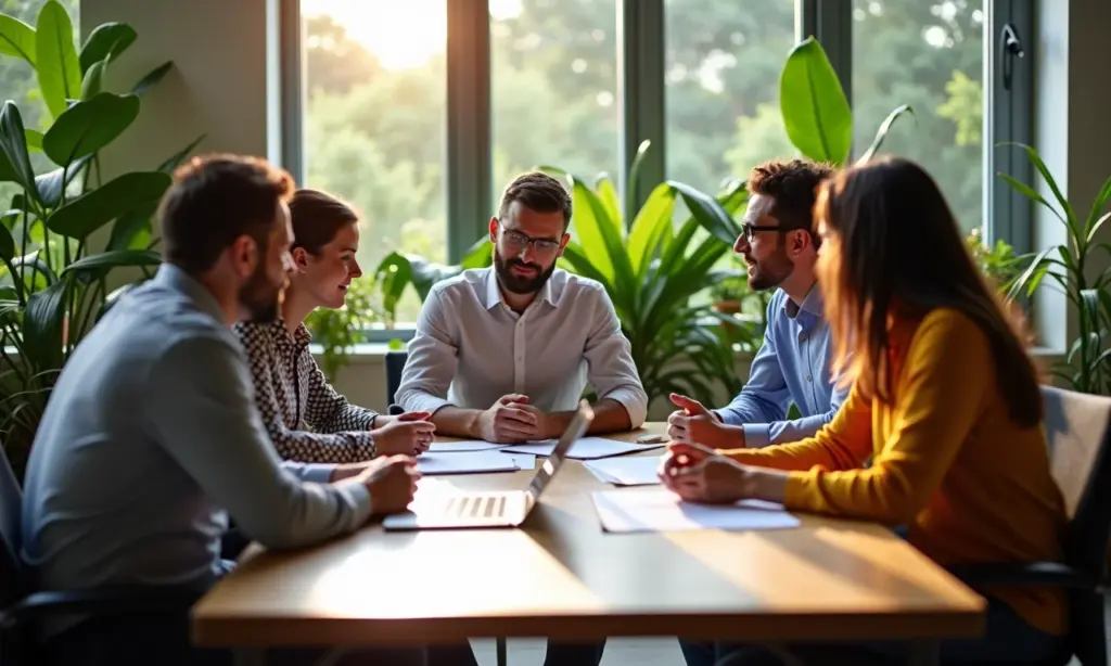 Equipe diversa trabalhando em estratégias de cobrança amigável em escritório iluminado.
