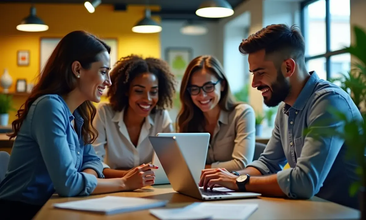 Ferramentas gratuitas para inovação digital Equipe diversa trabalhando em ferramentas digitais inovadoras em escritório vibrante com design brasileiro.