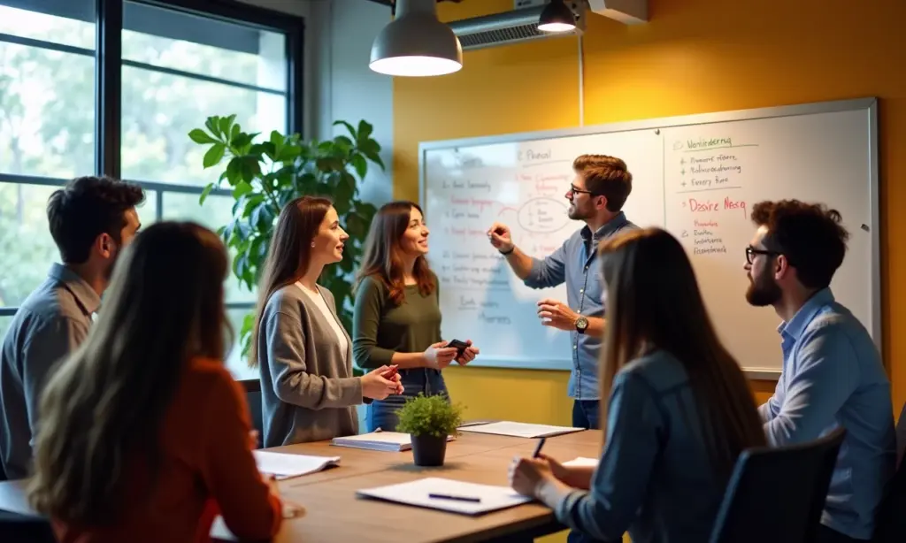 Equipe diversa trabalhando em processo de discovery de produto em escritório brasileiro moderno.