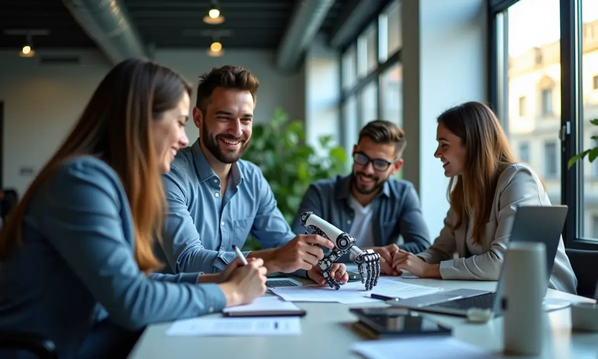 Automação de Processos Robóticos (RPA) o Que É e Benefícios Equipe diversa trabalhando em projeto de automação robótica em escritório moderno.