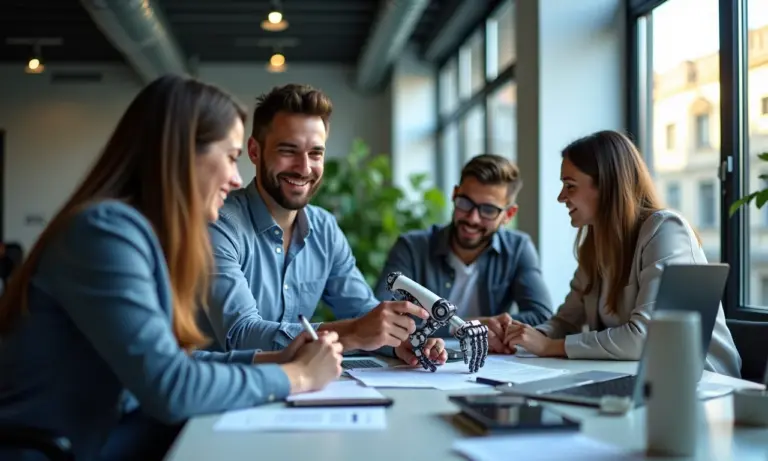 Equipe diversa trabalhando em projeto de automação robótica em escritório moderno.