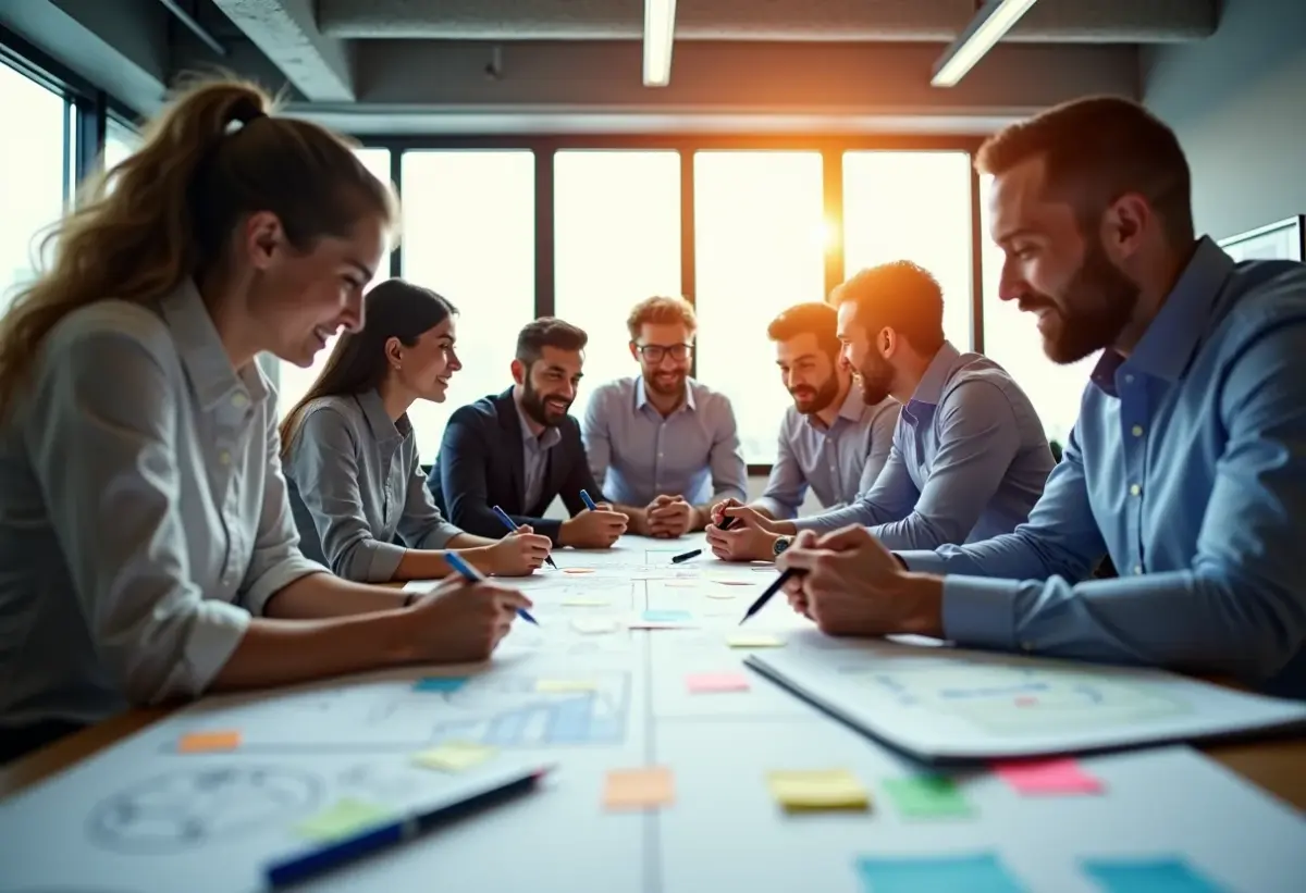 Equipe diversa trabalhando em um Design Sprint, com foco na colaboração.
