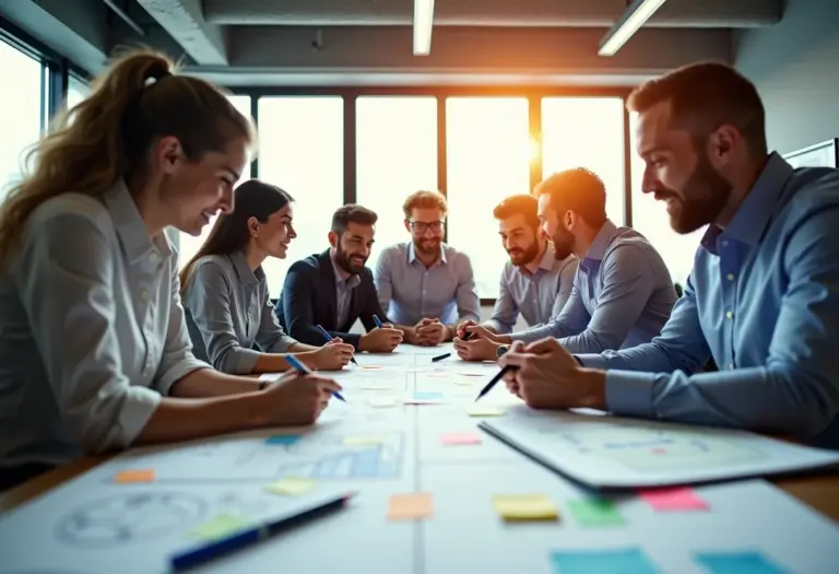Equipe diversa trabalhando em um Design Sprint, com foco na colaboração.