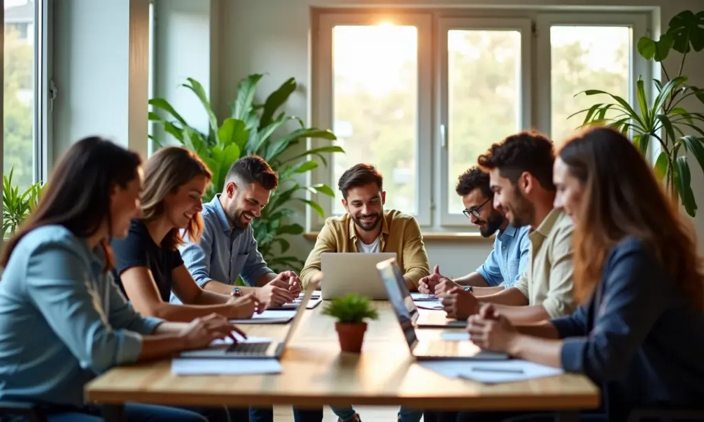 O que é o Turnover (rotatividade) e como reduzir a saída de funcionários? Equipe diversa trabalhando feliz em escritório moderno e vibrante.